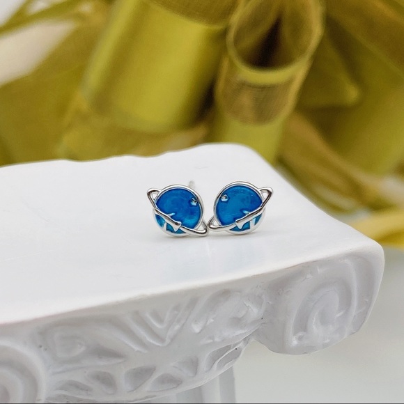 S925 planet Earth Star Studs Earrings-Blue Earrings- SS020 - Picture 5 of 9